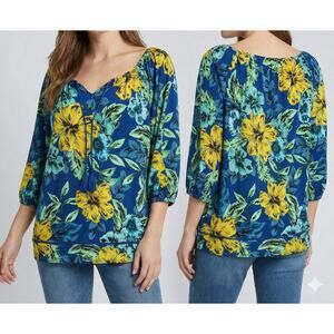 Rafaella Weekend Womens XL Blouse Blue Yellow Floral 100% Cotton